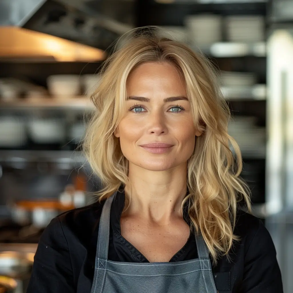 lana chef Confident female chef with blonde hair in a modern kitchen