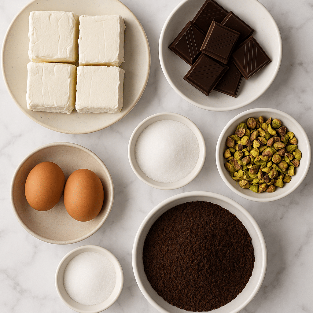 Chocolate Pistachio Cheesecake Bars ingredients laid out