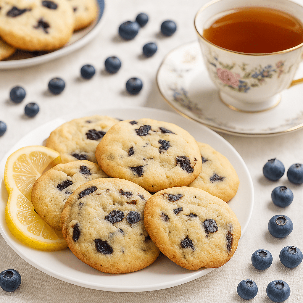 Lemon blueberry cookies served with tea