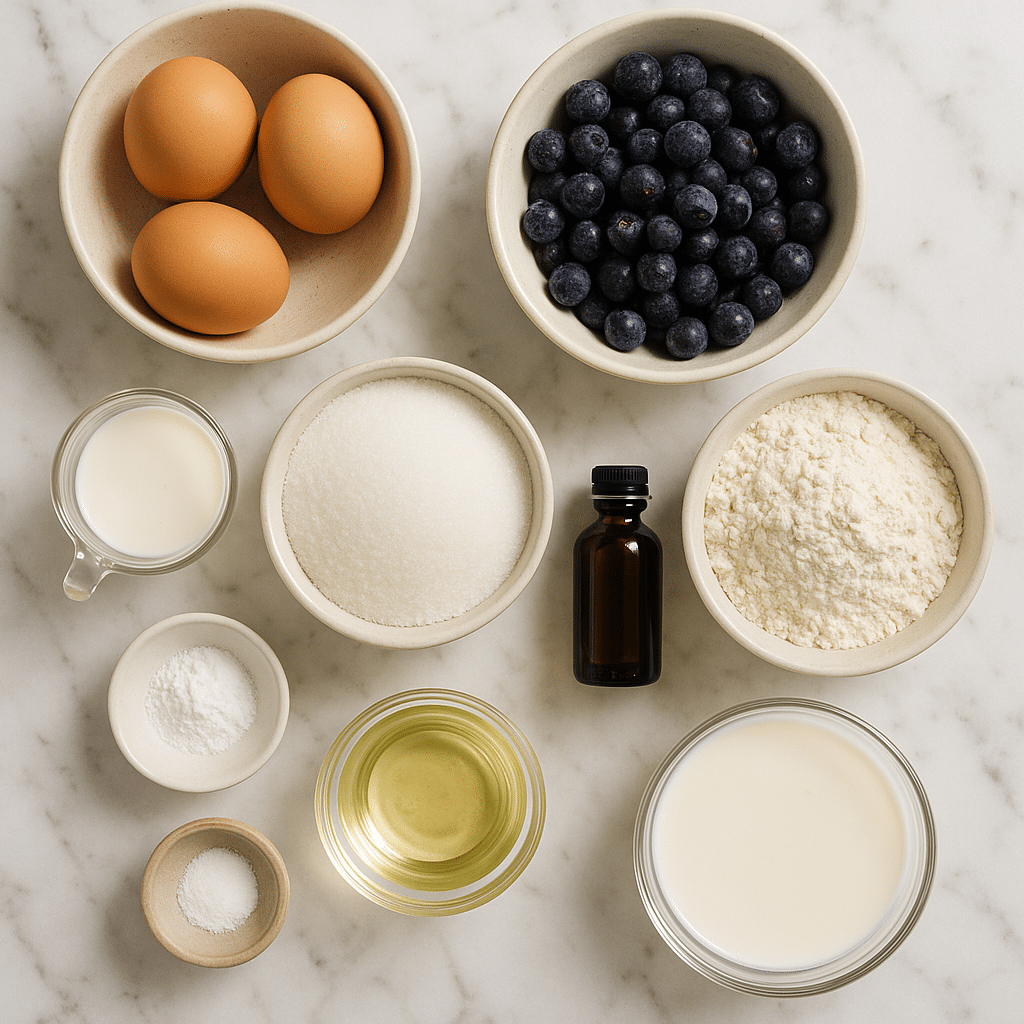 Blueberry chiffon cake ingredients laid out on a counter