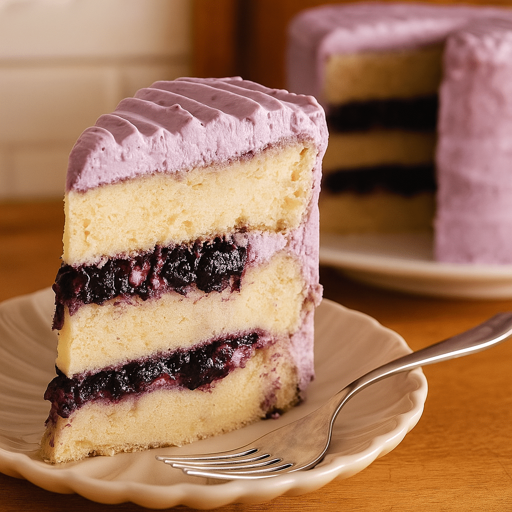 Slice of blueberry chiffon cake served on a plate
