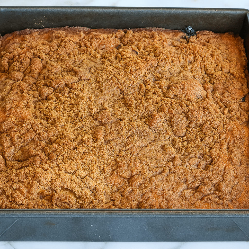 Freshly baked gluten-free blueberry coffee cake with crumb topping in a square pan