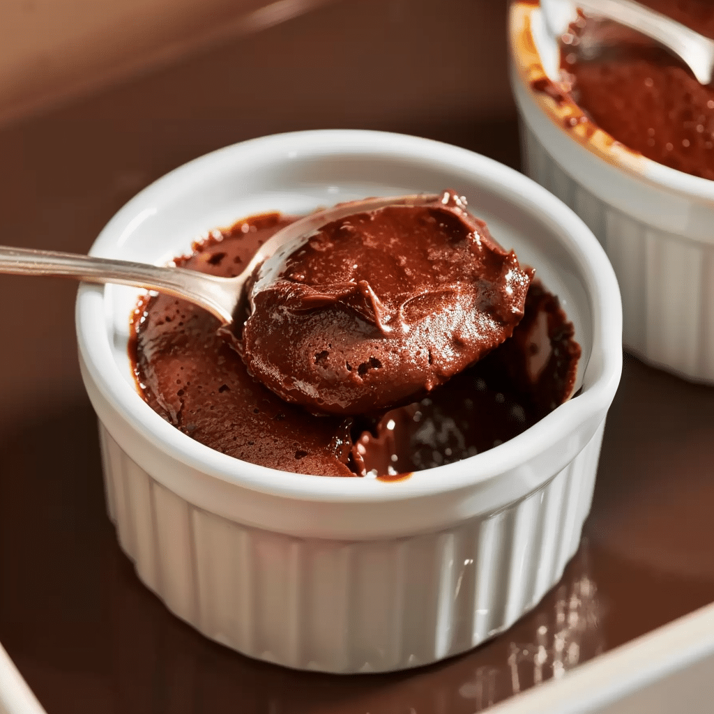 Ramekins with chocolate lava cake batter baking in oven
