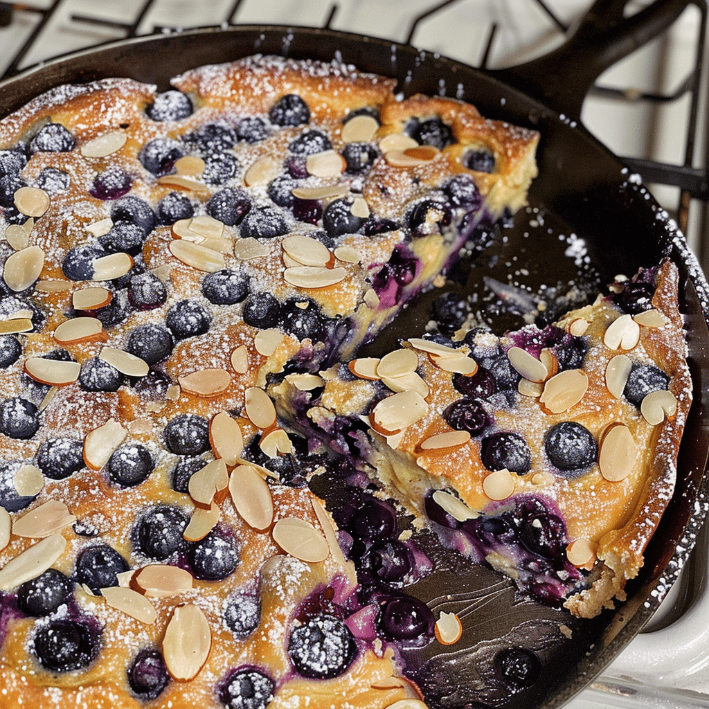 Blueberry Almond Clafoutis in rustic dish