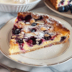 A slice of Blueberry Almond Clafoutis served with cream
