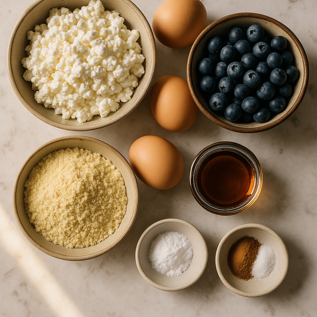 Ingredients for gluten-free blueberry cottage cheese breakfast bake
