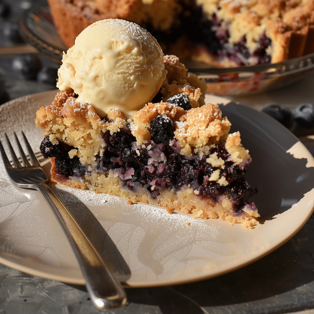 Serving blueberry butter cake crumble with ice cream