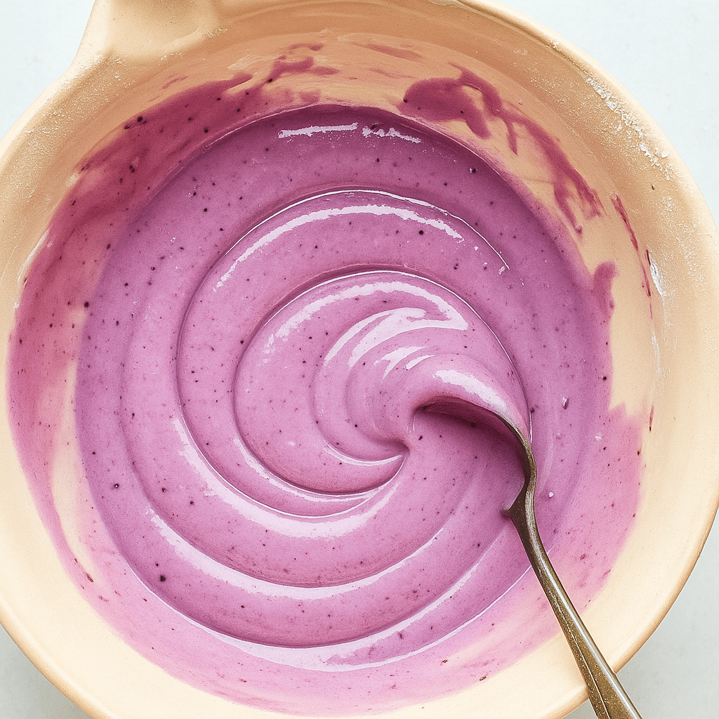 Smooth purple blueberry glaze in a bowl with spoon