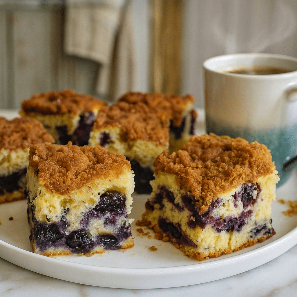 Blueberry coffee cake recipe with crumb topping on table