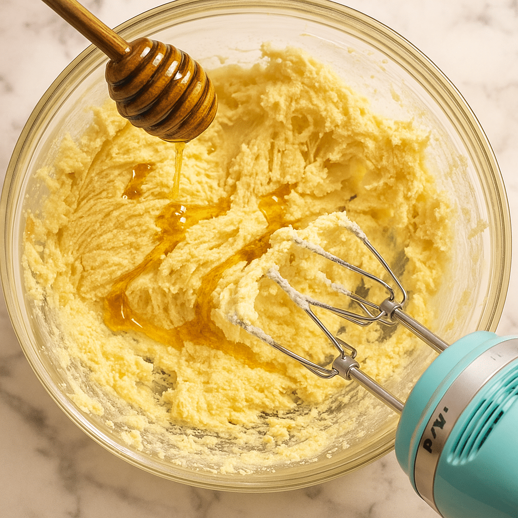 creaming butter and honey for pound cake