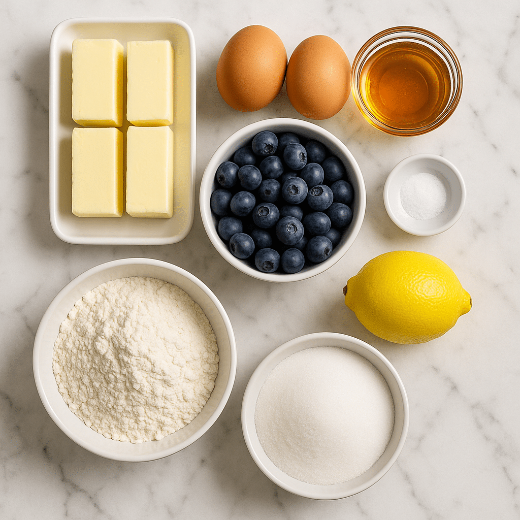 ingredients for blueberry swirl honey pound cake