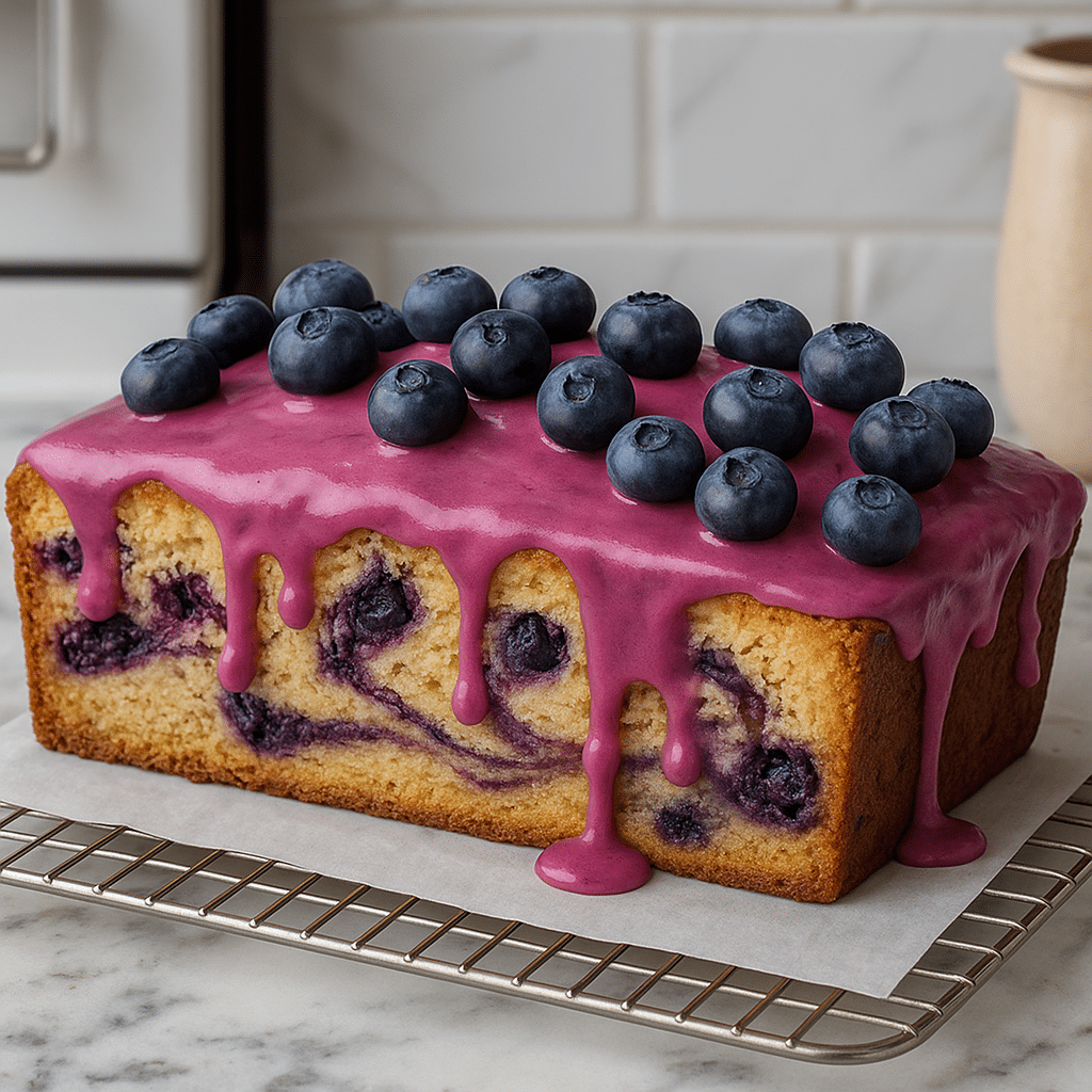 blueberry swirl honey pound cake with glaze