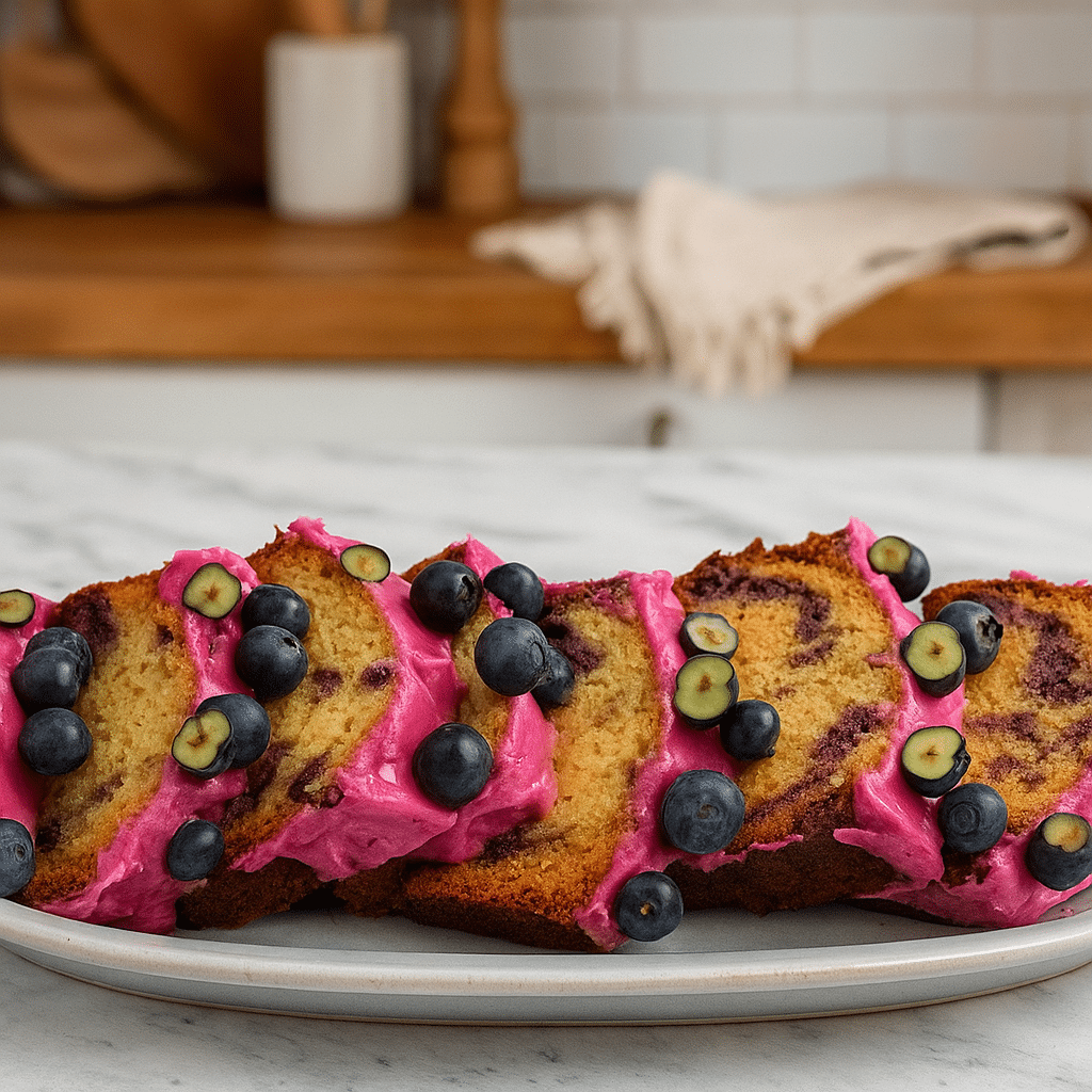 Sliced blueberry swirl pound cake with bright pink frosting and fresh blueberries on top.