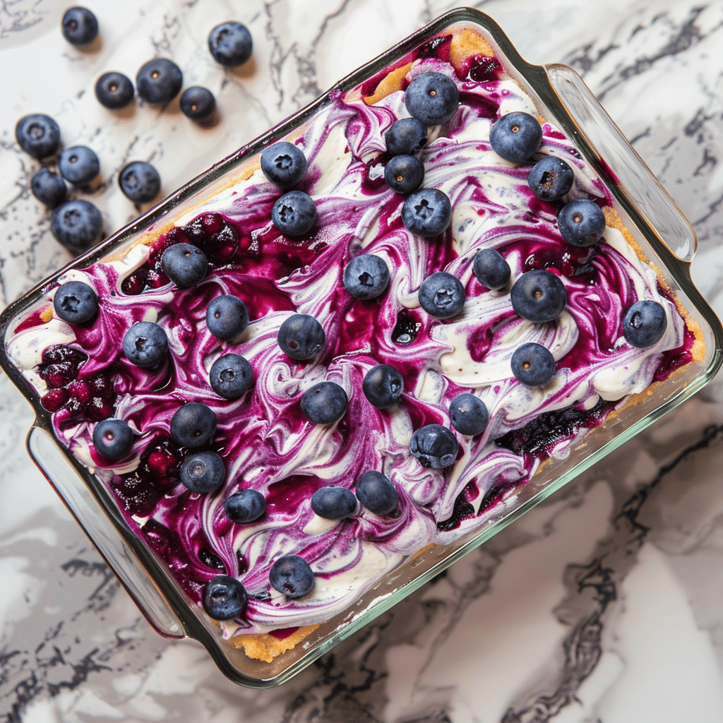 Blueberry swirl tres leches cake in glass dish