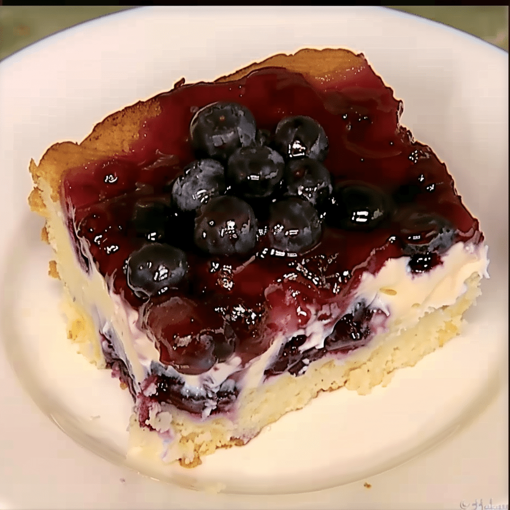 blueberry tres leches cake slice on plate