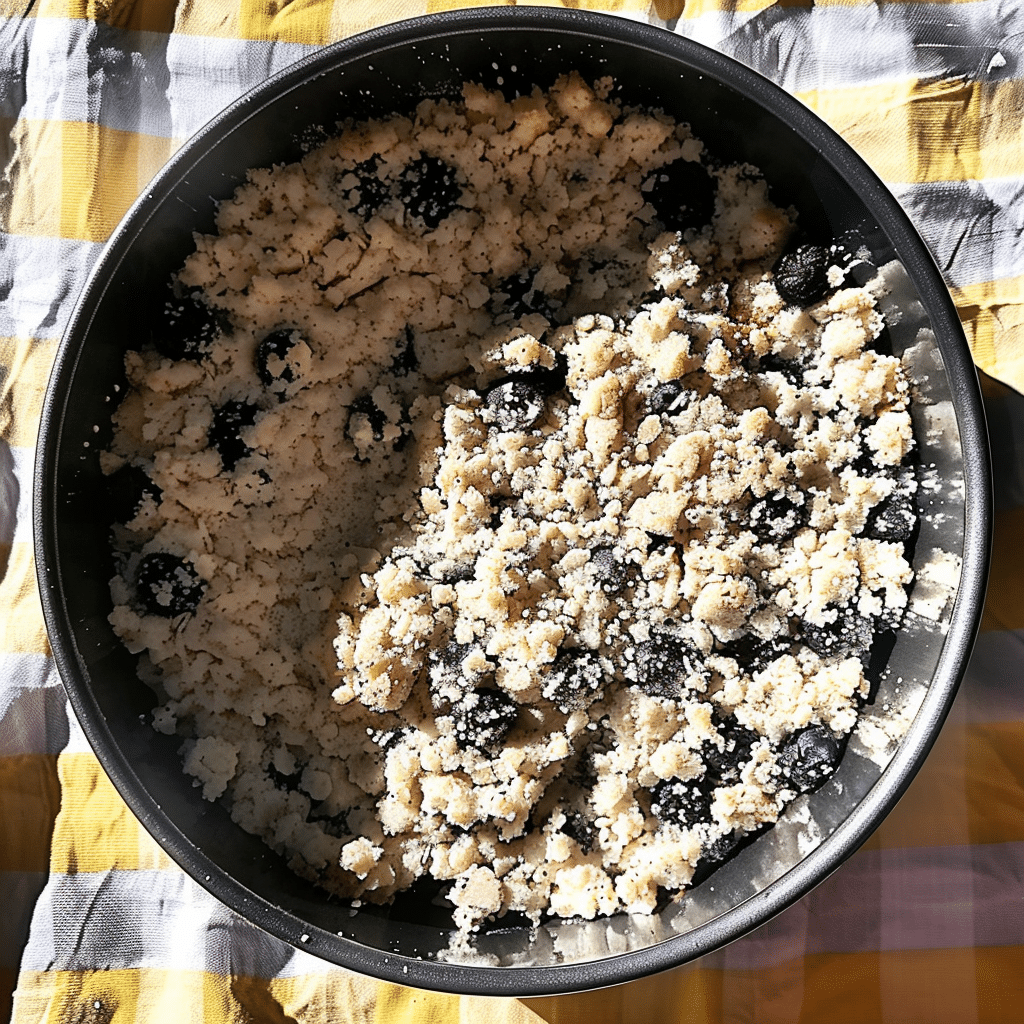 Unbaked blueberry crumble cake in a round pan