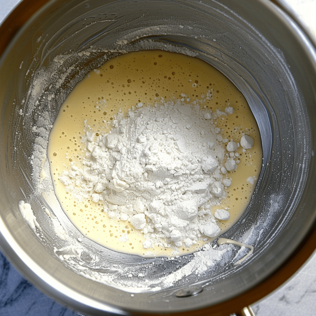Cake batter with flour in a mixing bowl
