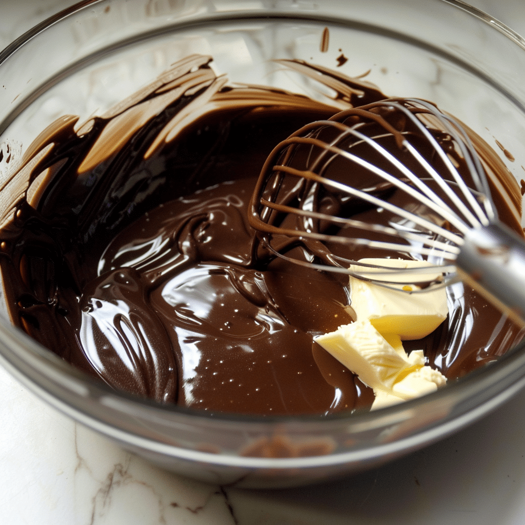 Mixing melted chocolate and butter for Kourtney’s cake