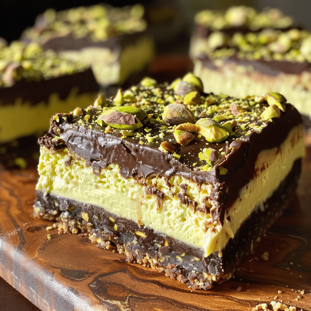 Chocolate Pistachio Cheesecake Bars on rustic tray