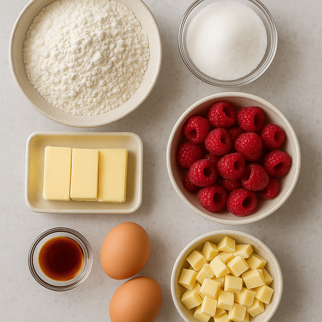 Ingredients for white chocolate raspberry cookies recipe