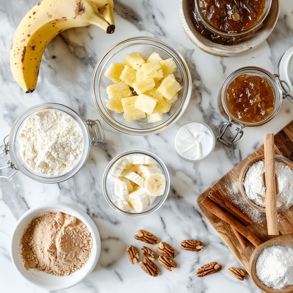 ingredients for hummingbird cake with pineapple jam laid out on a wooden table