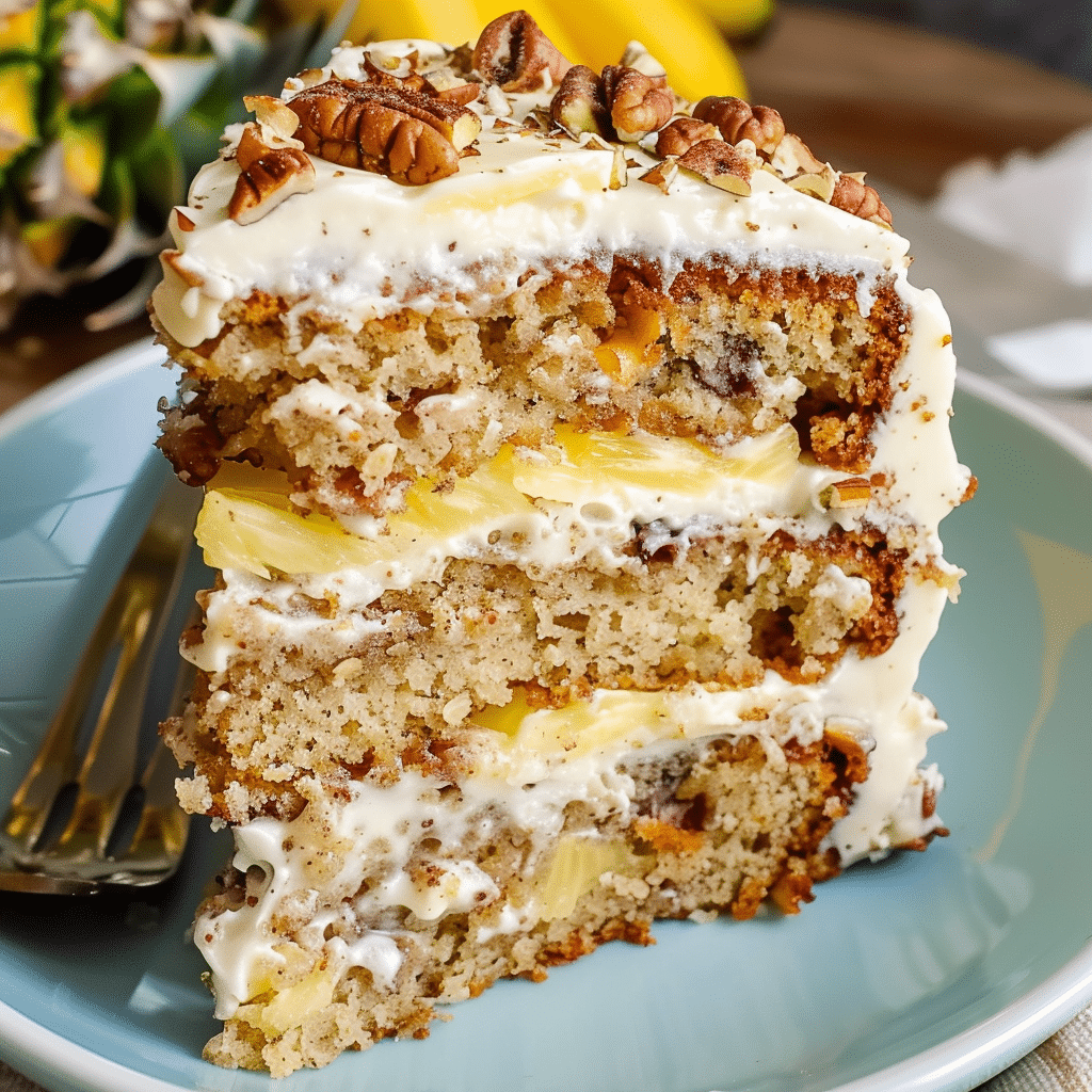 hummingbird cake with pineapple jam and cream cheese frosting on a wooden cake stand