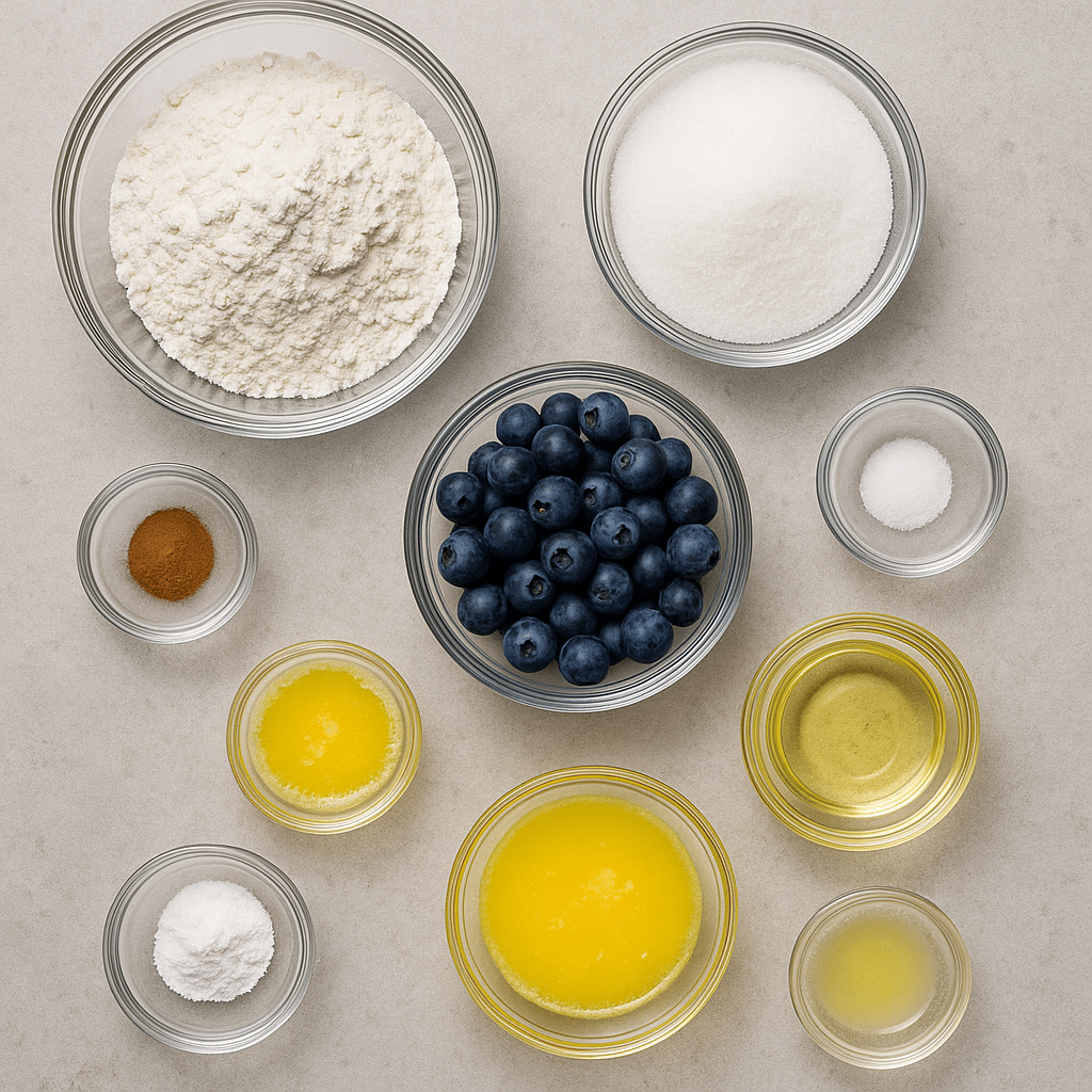 Ingredients for blueberry butter cake crumble (gluten-free)
