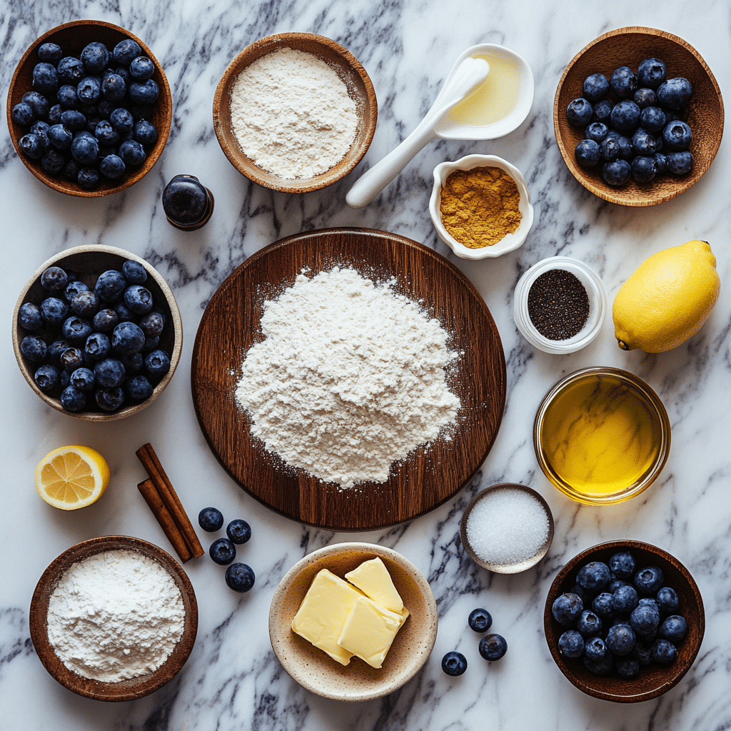 Ingredients for blueberry butter cake crumble (gluten-free)