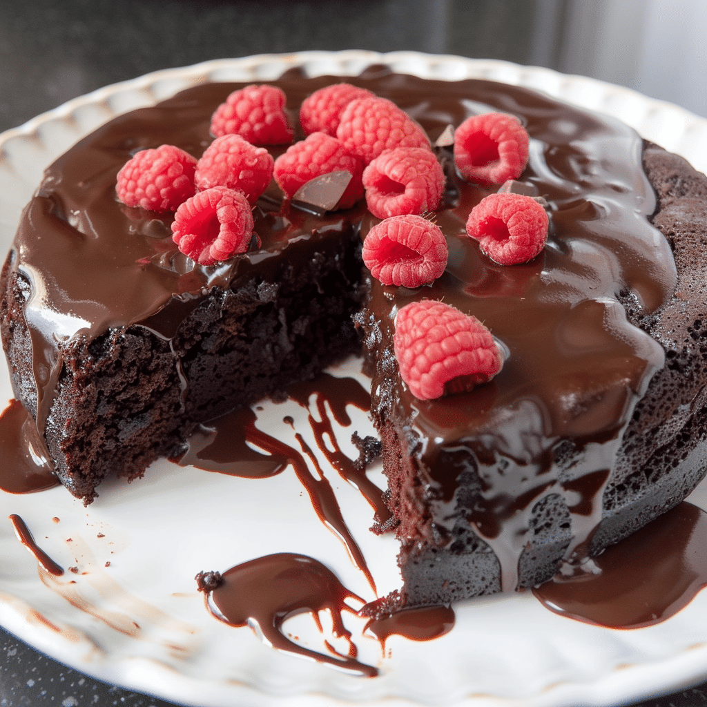 Kourtney’s Flourless Chocolate Cake with ganache and raspberries