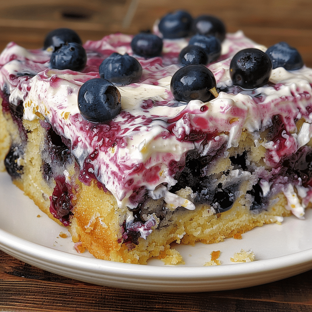 lemon blueberry poke cake topped with whipped cream and blueberry compote