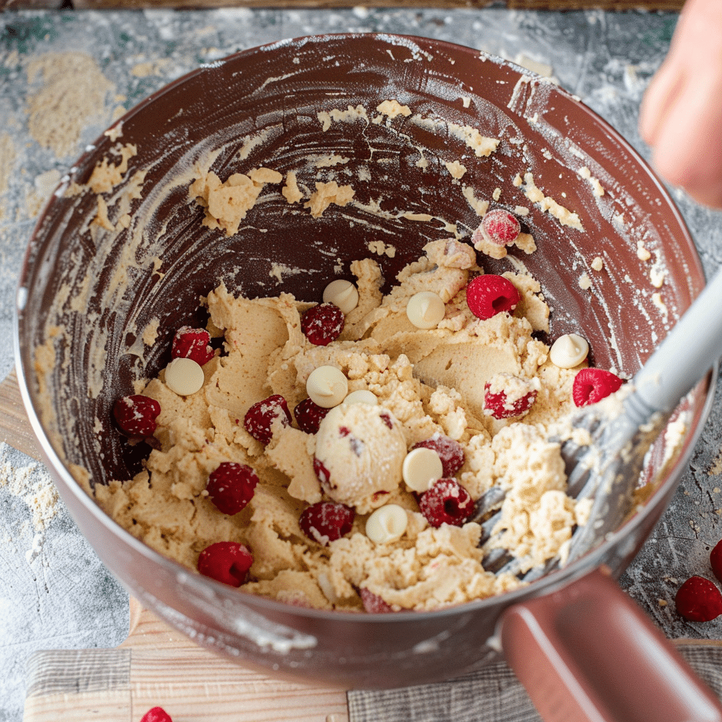 Mixing white chocolate raspberry cookie dough