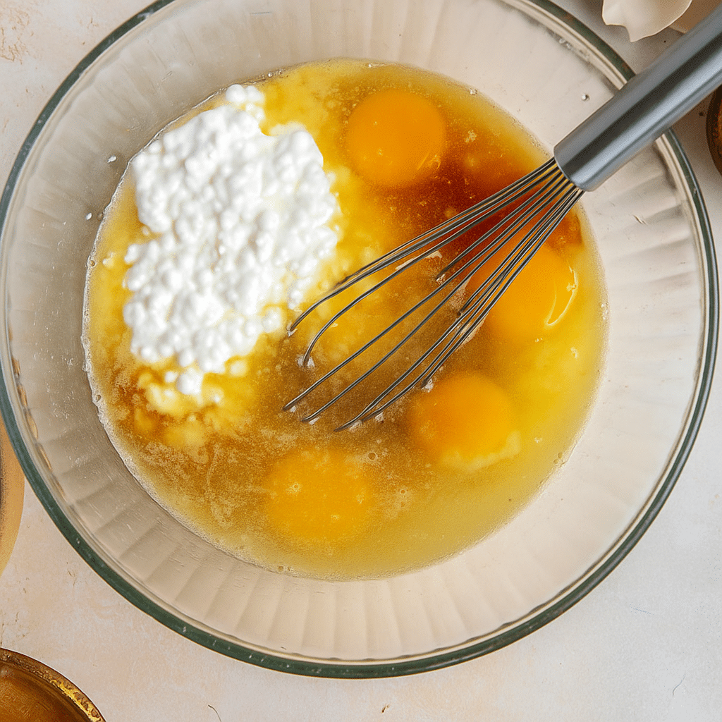 Mixing wet ingredients for blueberry cottage cheese breakfast bake