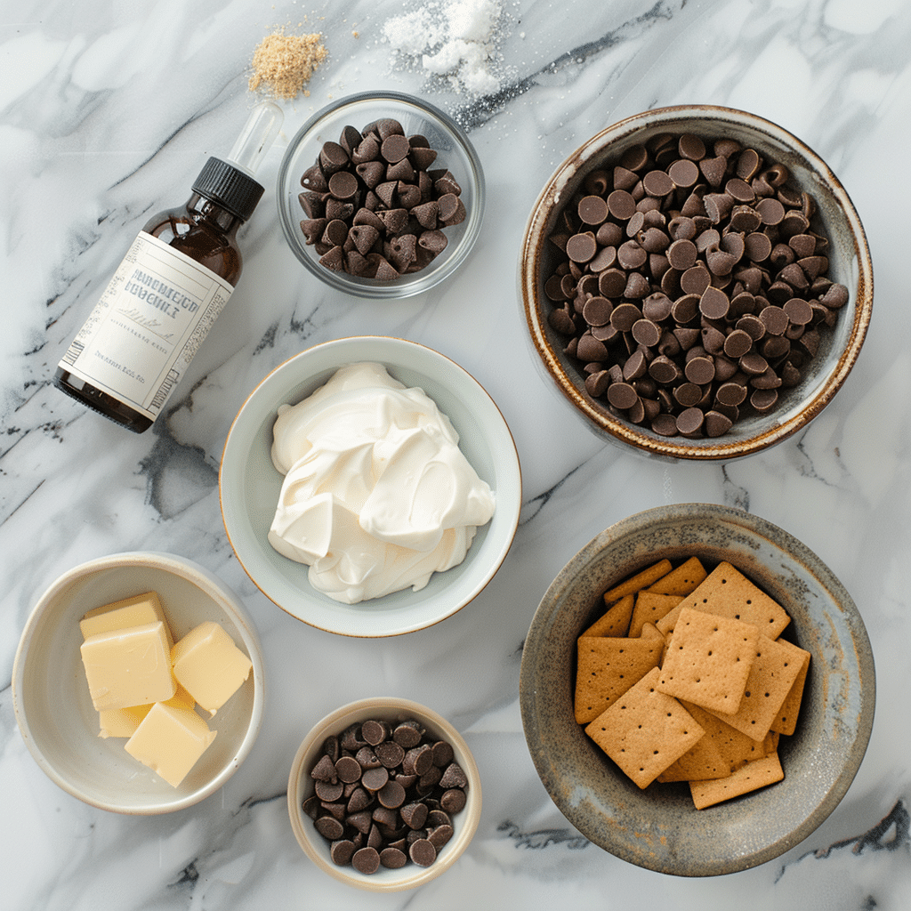 no bake chocolate pie ingredients flat lay