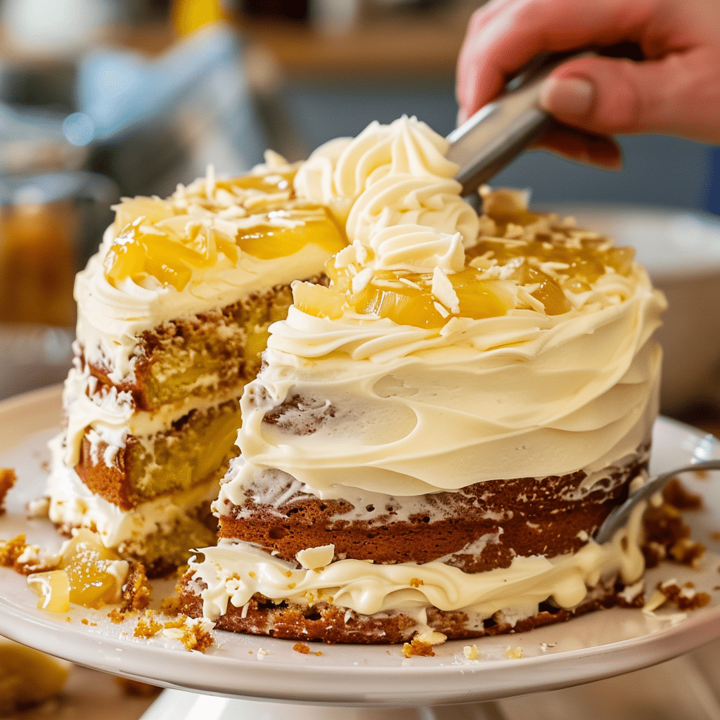 baker spreading pineapple jam and frosting on a hummingbird cake layer
