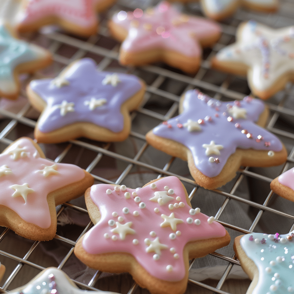 royal icing cookies with glitter drying