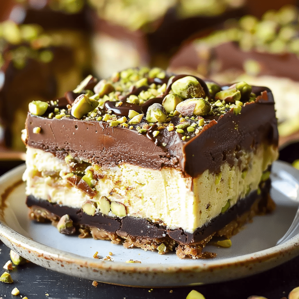 Served chocolate pistachio cheesecake bar on plate