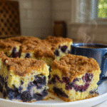 Sliced blueberry coffee cake with crumb topping served on a white plate next to a steaming mug