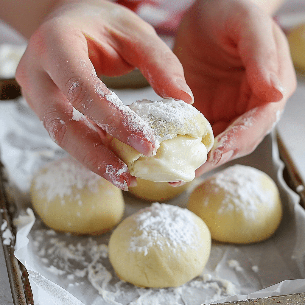 stuffing cheesecake filling into cookie dough