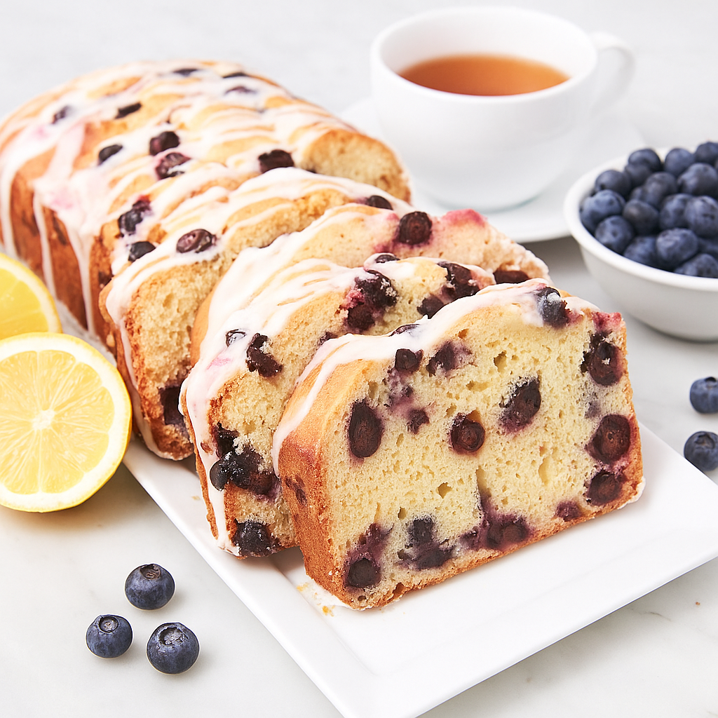 Sliced lemon blueberry pound cake with glaze, served with fresh blueberries and tea.