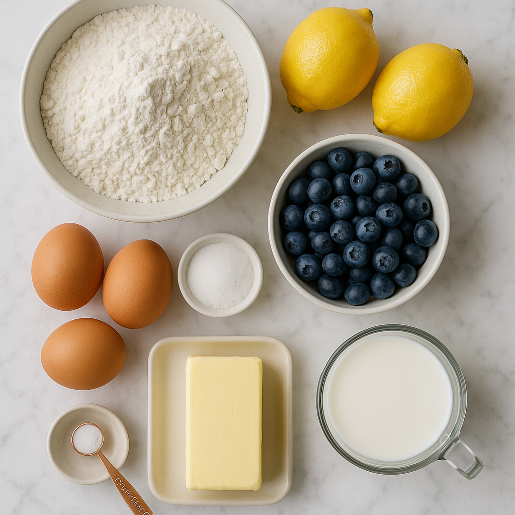 lemon blueberry pound cake ingredients flat lay