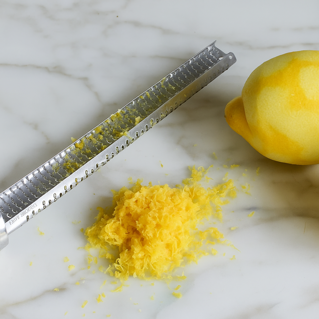 Grated lemon zest with a zester and whole lemon on marble surface.