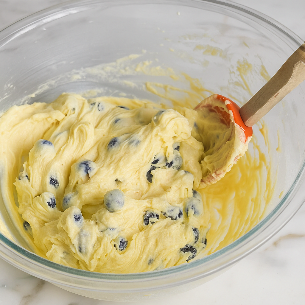 folding blueberries into lemon pound cake batter