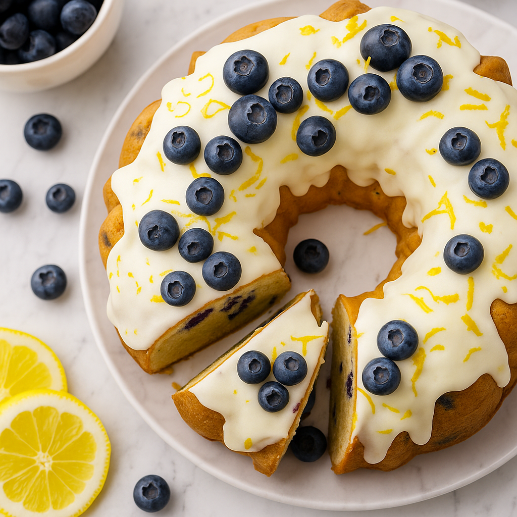 Lemon blueberry bundt cake styled for baking blog