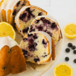 Sliced lemon blueberry bundt cake with glaze