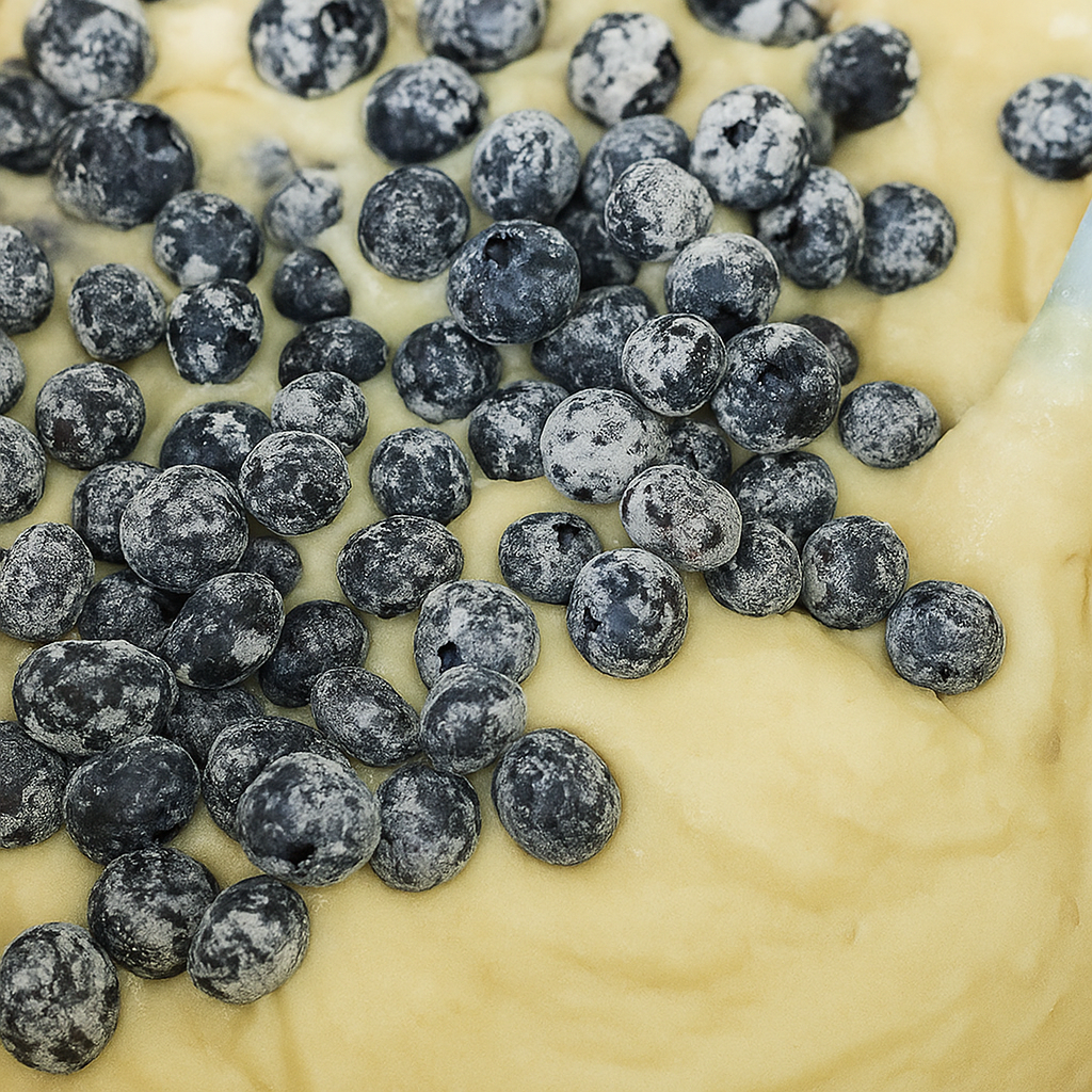 Fresh blueberries coated in flour on cake batter