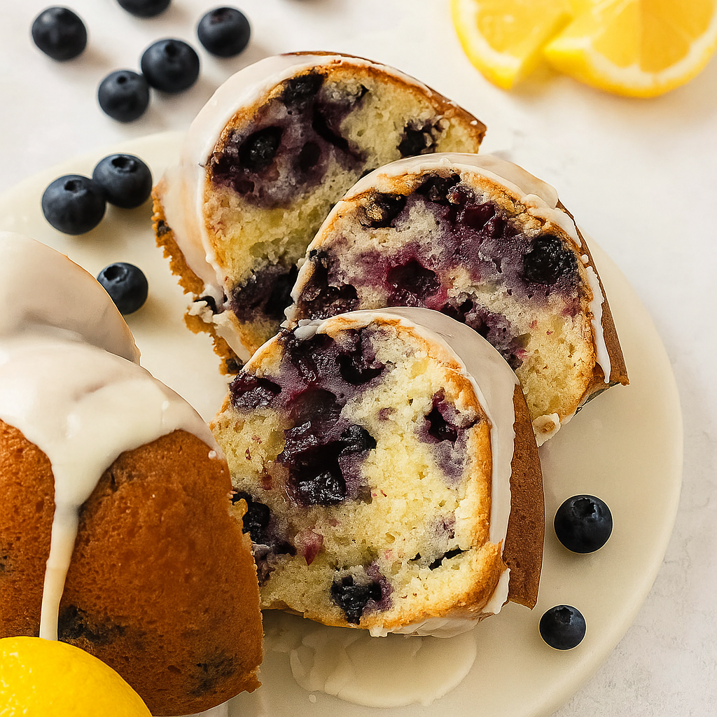 Glazed lemon blueberry bundt cake slices on a plate