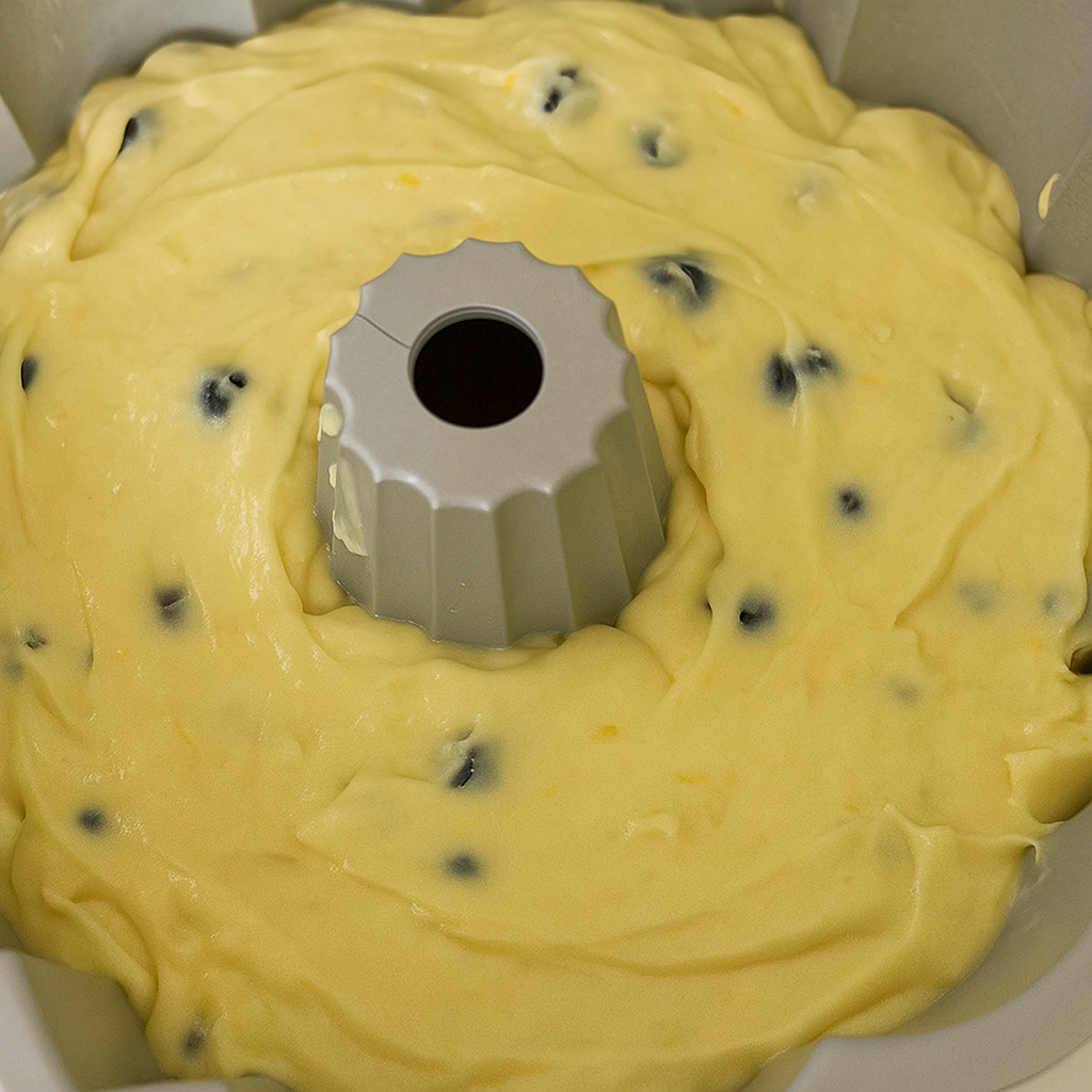Blueberry cake batter in a bundt pan