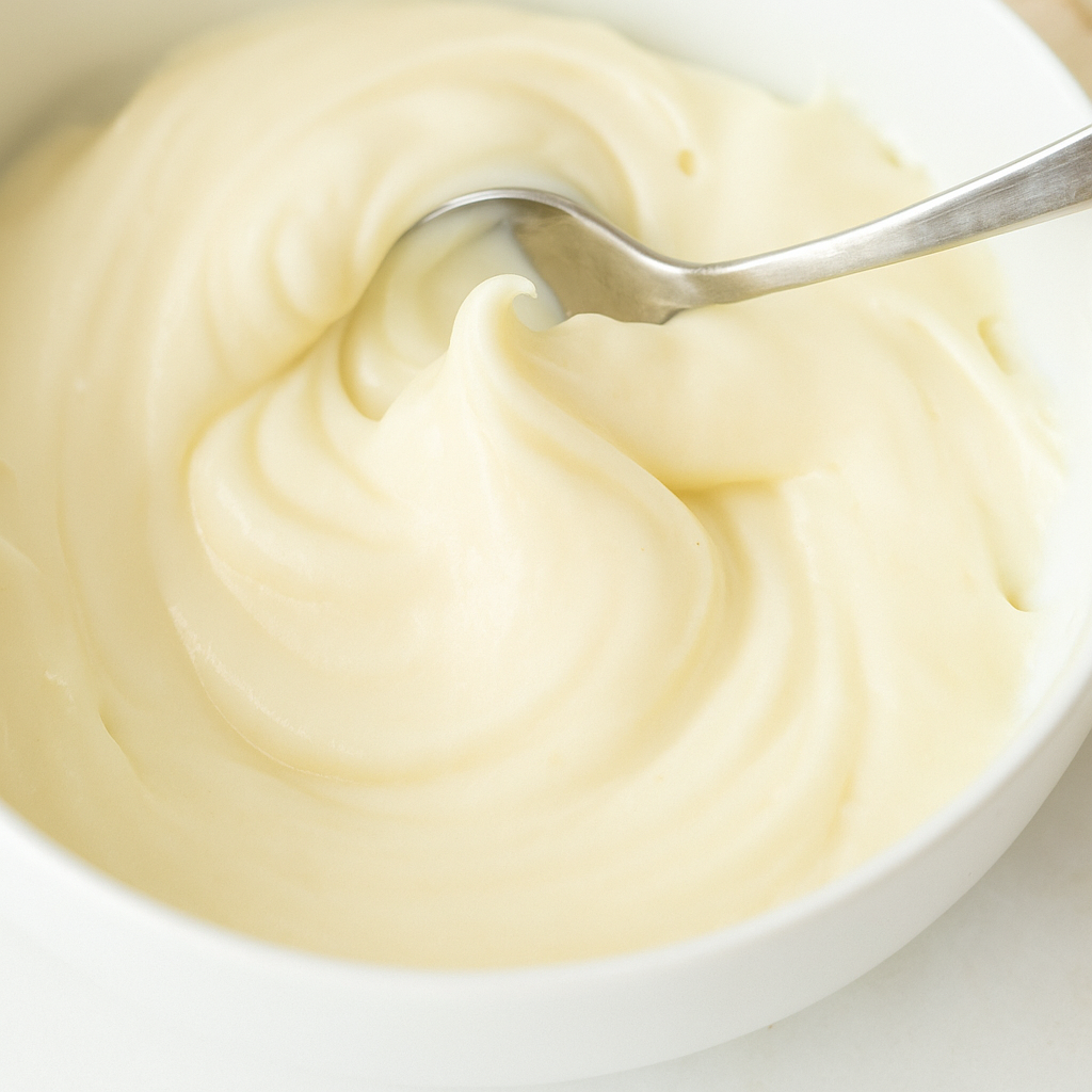 Smooth lemon blueberry cake glaze in a white bowl with spoon