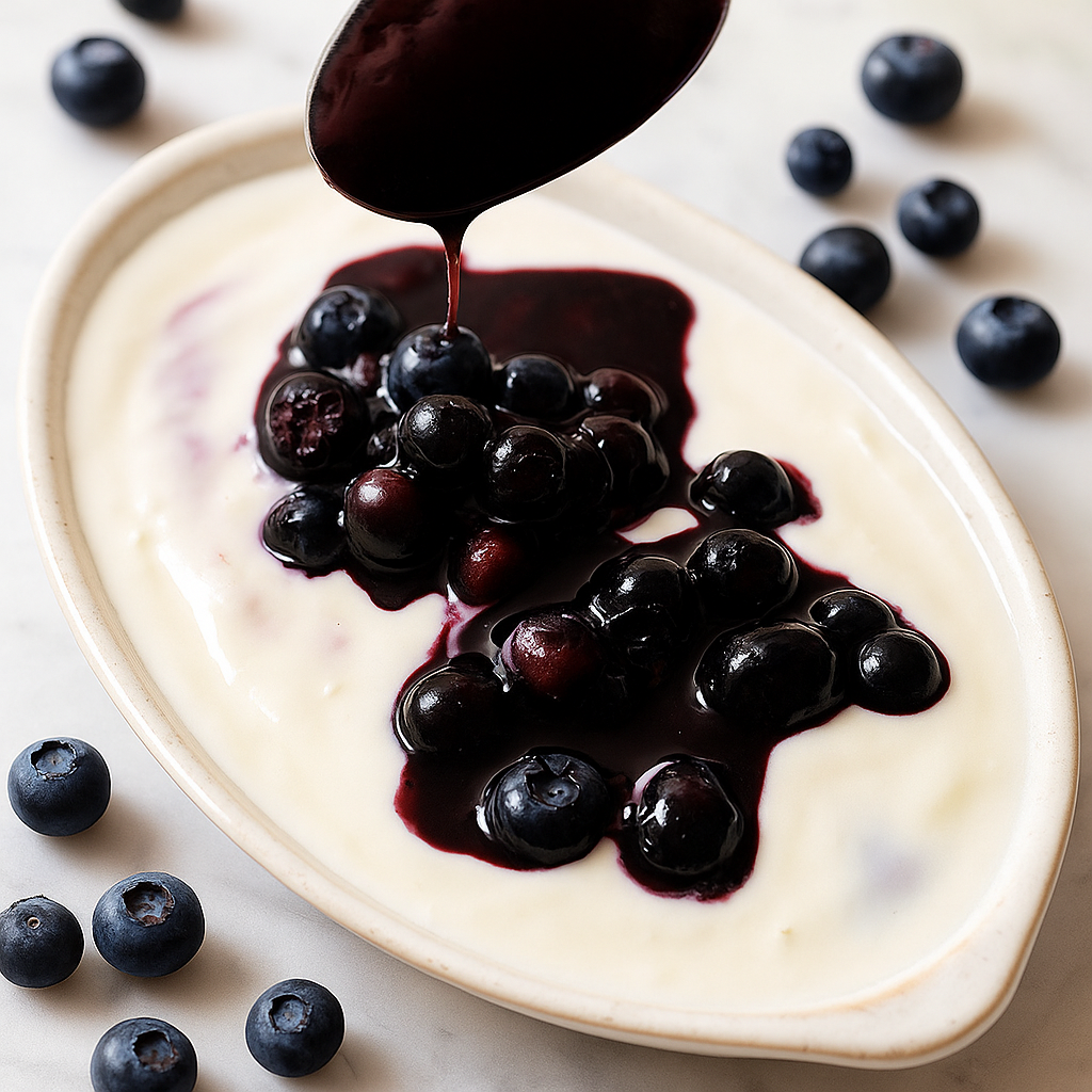 Blueberry sauce being drizzled over creamy dessert