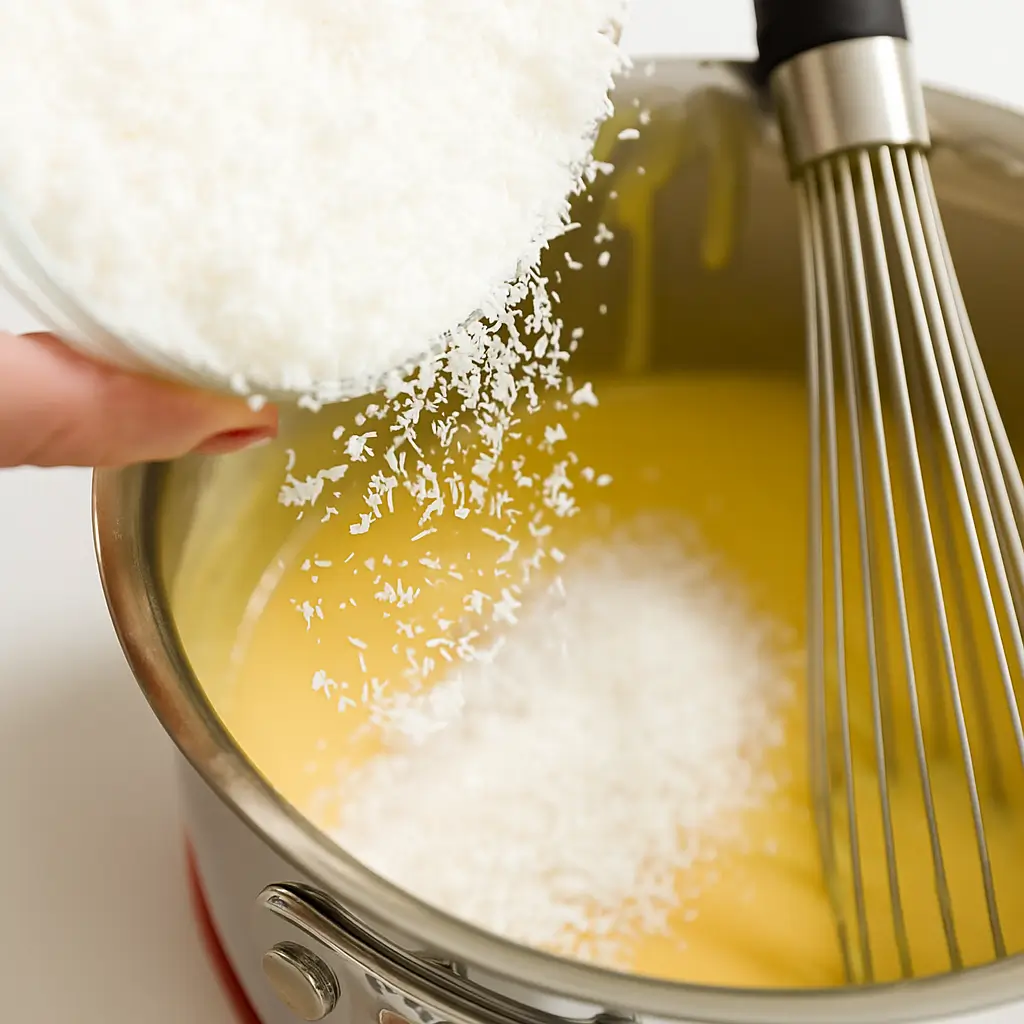 Adding shredded coconut to cake filling
